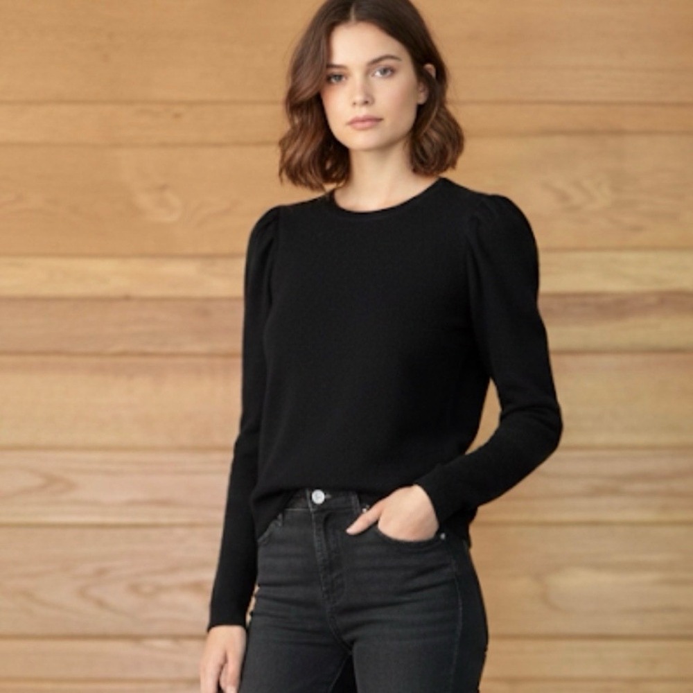 J.McLaughlin Black‎ 100% Cashmere Puff Shoulder Crew Neck Sweater Womens Small